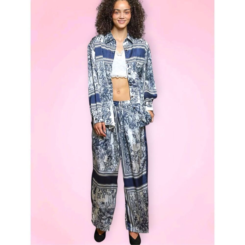 POL Wide Leg Toile Print Pants Navy Ivory Boho Drawstring Palazzo Pants Large - Picture 6 of 9